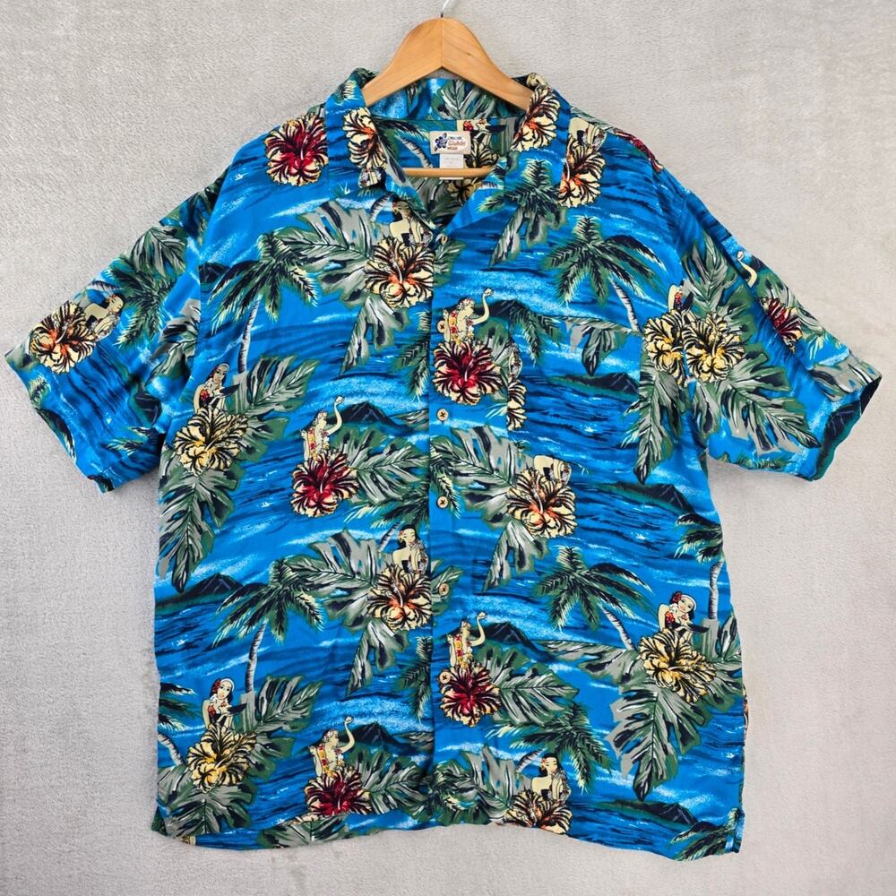 Vintage Cherokee Waikiki Wear Hawaiian Shirt XL Hula Girls Surfer Beach Floral‎